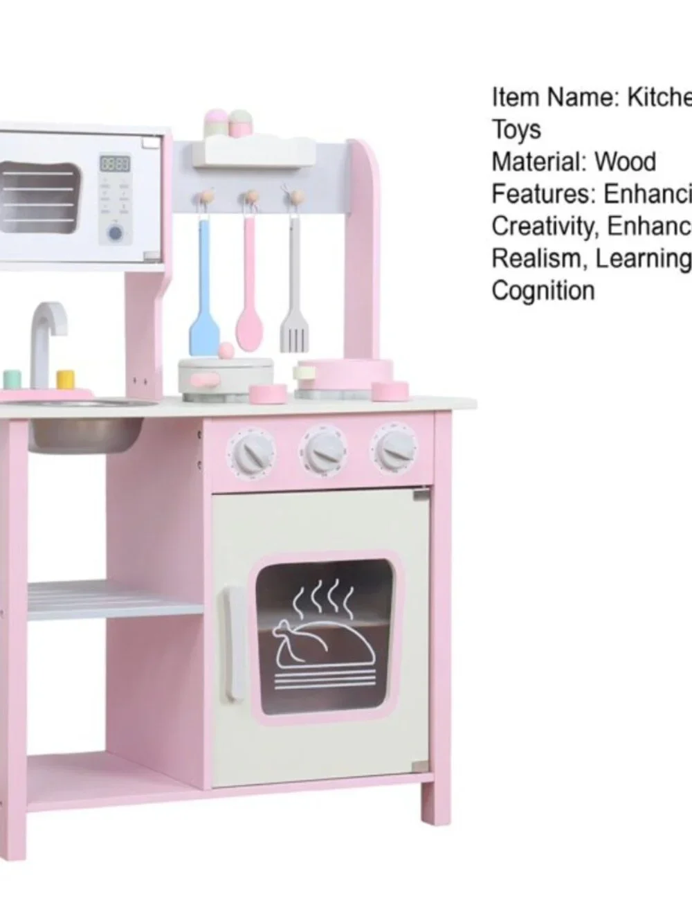 Kids Wooden Play Kitchen Set, Pink Pretend Cooking Toy with Accessories - Picture 12 of 16